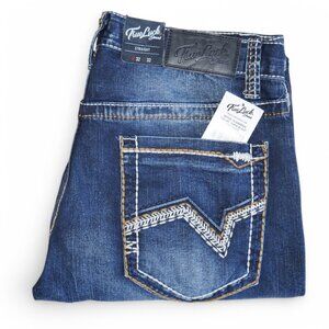 True Luck Straight Leg Jeans Dark Wash Denim Men's Size 32x32 Thick Stitch BKE